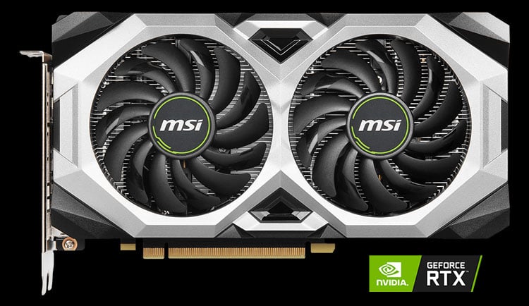 MSI GeForce RTX 2070 VENTUS GP video card angled to right with a NVIDIA RTX logo