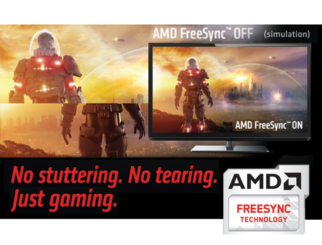 AMD FreeSync 2 banner showing a compatible monitor with no tearing compared to the background image that shows a scifi game screenshot torn in half