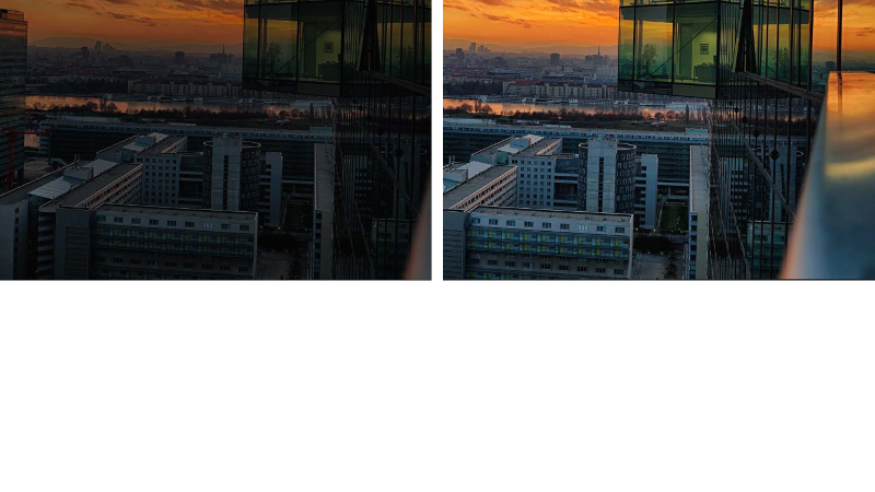 Side-by-side images of an in-game city, the left image is darker while the right image is brighter and more detailed