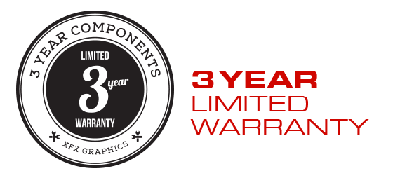 XFX 3-year limited warranty badge and text that reads: with registration at www.xfxsupport.com
