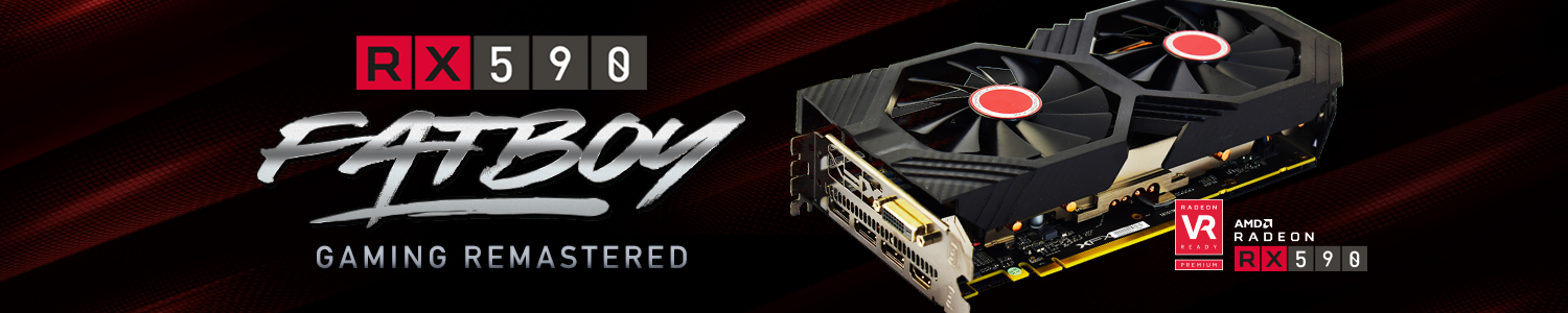 XFX AMD RX 590 Fatboy Gaming Remastered Banner showing the graphics card lying down facing up and angled up to the right above the VR and AMD Radeon RX 590 logos