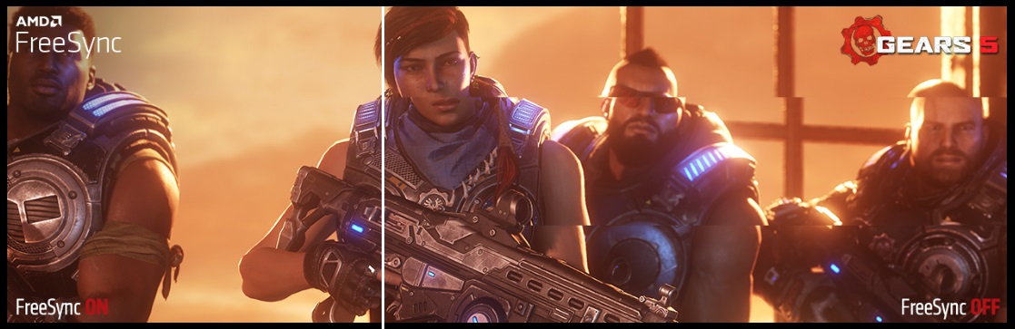 a image splited into two, showing the difference between freesync on and off