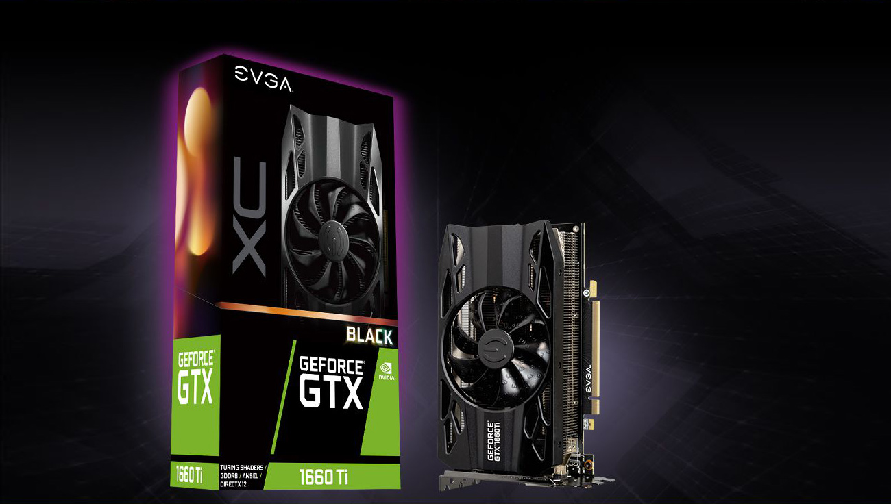 The EVGA GTX 1660 Ti standing up next to its product box