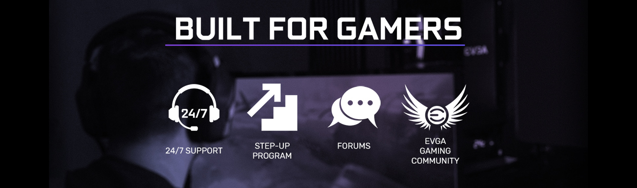 BUILT FOR GAMERS text with 24/7, Step-up program, forums and EVGA Gaming Community logos