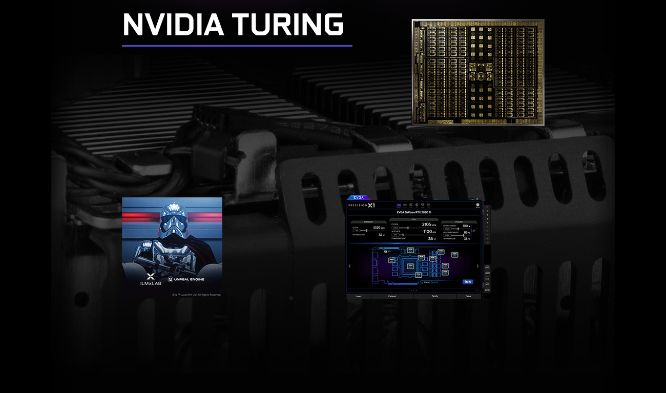 NVIDIA TURING banner showing the chipset architecture, a screenshot of Captain Phasma from EA's Battlefront II and a shot of the Precision X1 Software UI