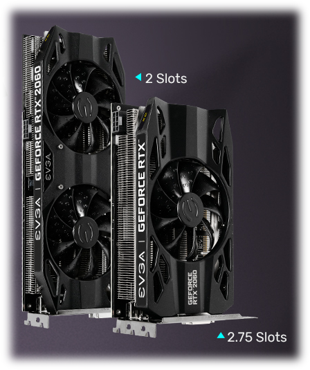 Two graphics cards standing side by side, the left card is larger and has text that reads 2 Slots, while the smaller card on the right reads 2.75 slots