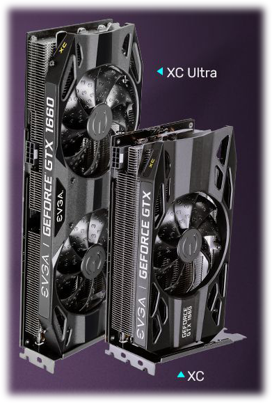 Two GTX 1660 cards standing up next to each other, tilted facing to the right. The longer card on the left is labeled XC Ultra and the smaller card on the right is labeled XC