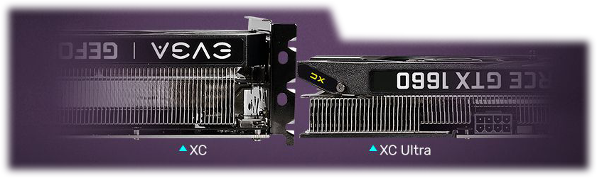 Closeup of two evga gtx 1660 cards lying down flat next to one another. The taller card on the left is labeled XC while the thinner card on the right is labeled XC Ultra