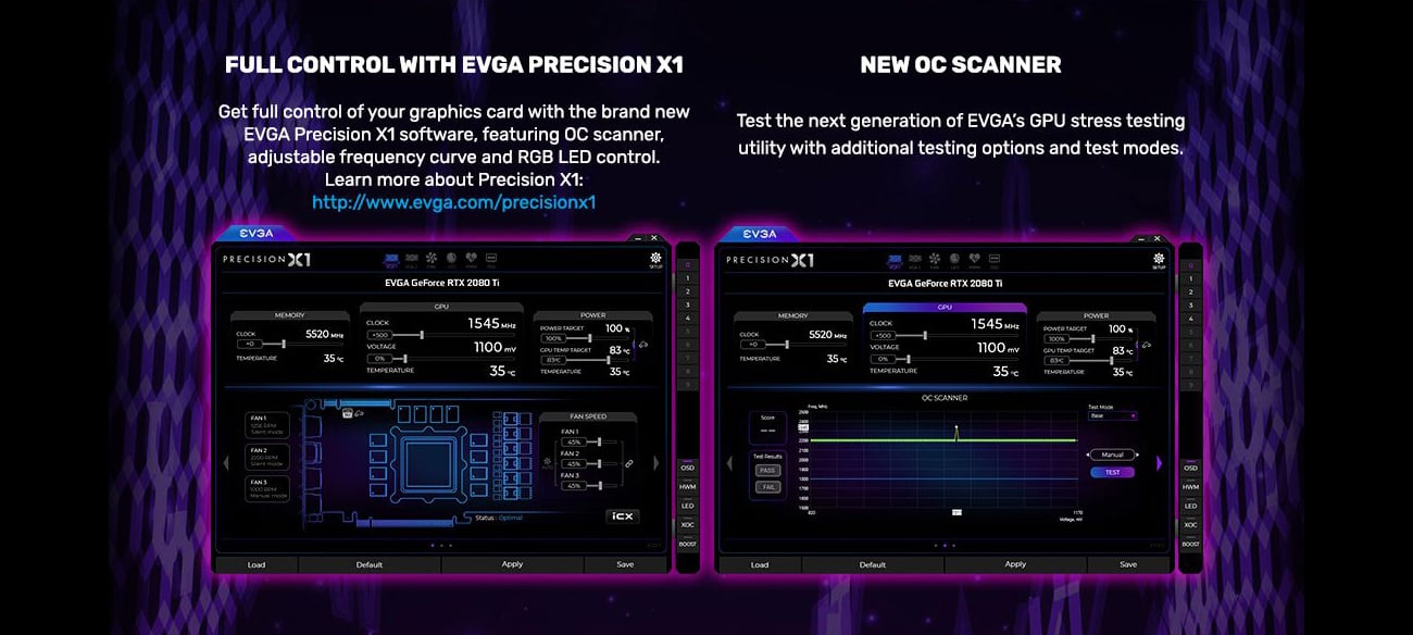 Two windows from the EVGA Precision X1 Software. Above the left window is text that reads: Full Control with EVGA Precision X1 - Get full control of your graphics card with the brand-new EVGA Precision X1 software, featuring OC scanner, adjustable frequency curve and RGB LED control. Learn more about Precision X1 here: //www.evga.com/precisionx1. The text above the right window reads: NEW OC SCANNER - Test the next generation of EVGA's GPU stress testing utility with additional testing options and test modes.