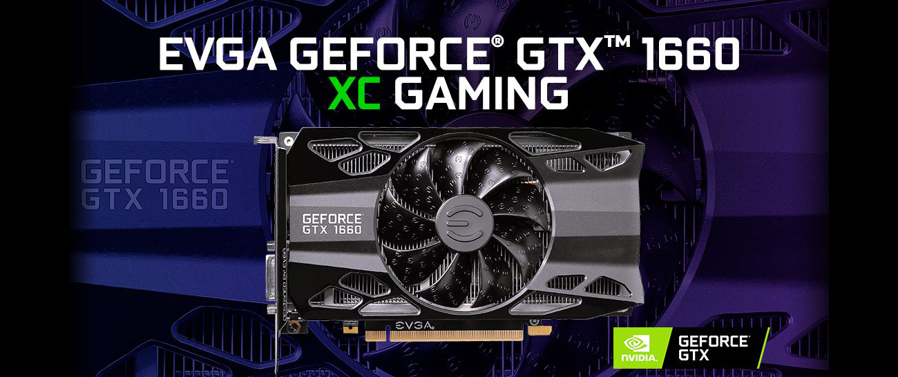 EVGA GEFORCE GTX 1660 XC GAMING banner showing the 06G-P4-1163-KR graphics card facing forward along with the GeForce GTX badge in the bottom-right cornerR