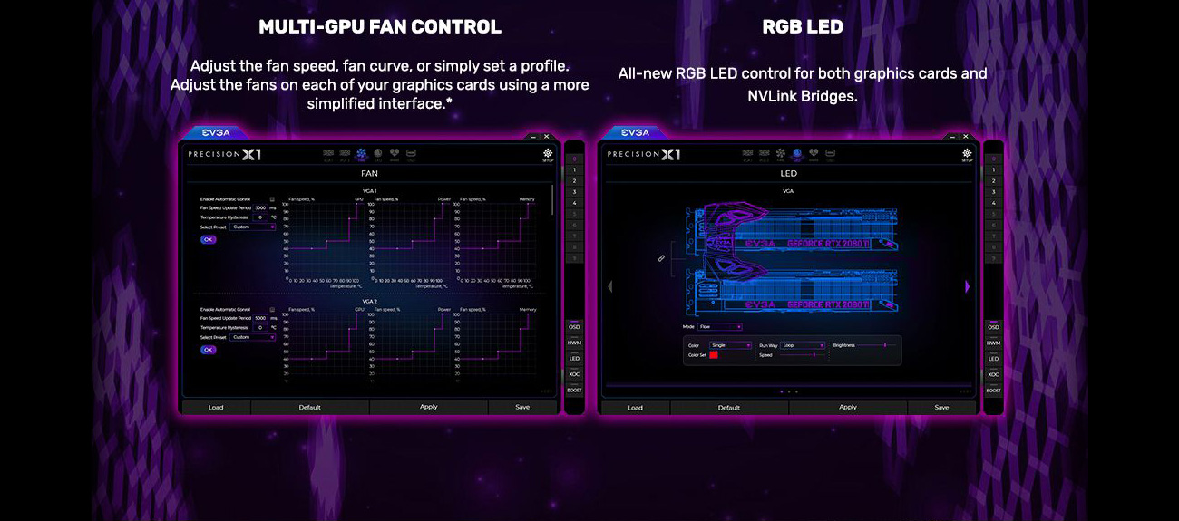 Two Precision X1 software windows with text above them. The left window reads: MULTI-GPU FAN CONTROL -  adjust the fan speed, fan curve, or simply set a profile. Adjust the fans on each of your graphics cards using a more simplified interface. The text above the right window reads: RGB LED - All-new RGB LED control for both graphics cards and NVLink Bridges.