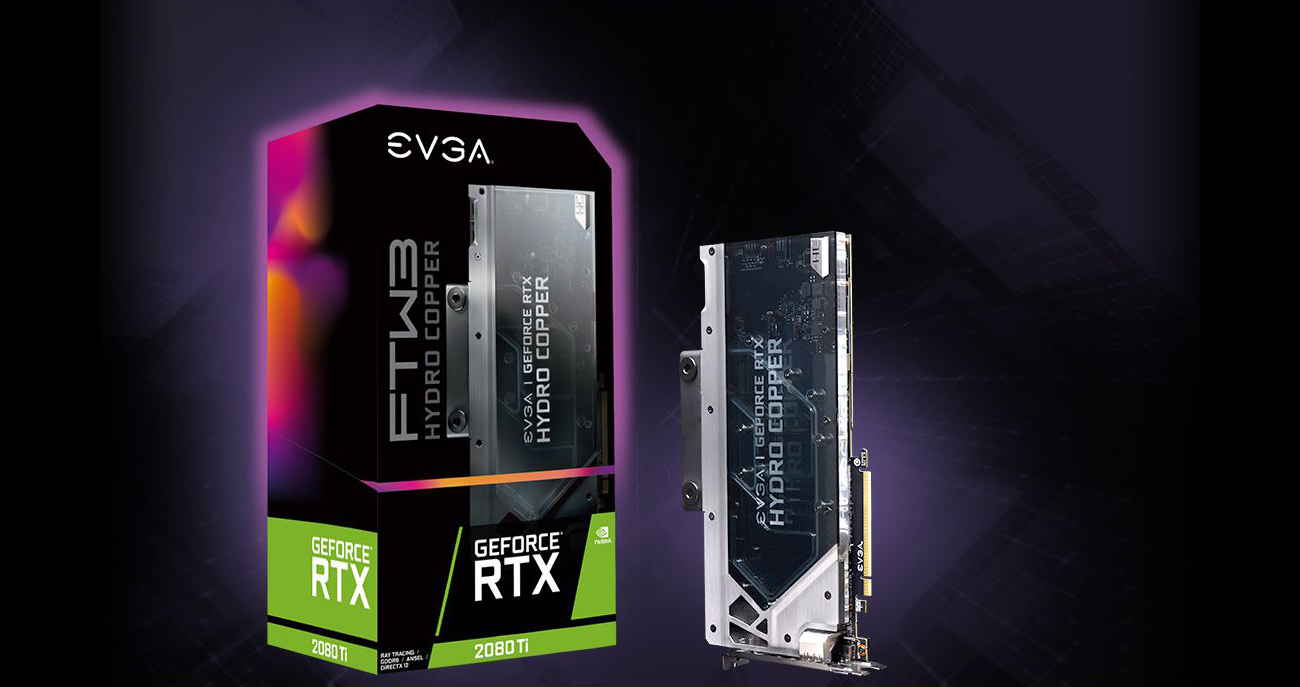 The EVGA GeForce RTX 2080 Ti 11G-P4-2489-KR graphics card standing up on its side next to its product box.