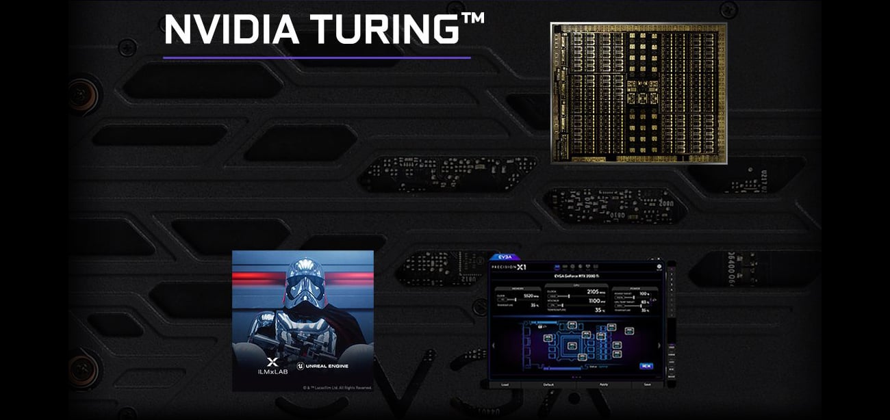 NVIDIA TURING text next to the graphics card's circuitry architecture and above an image of Captain Phasma from EA's Star Wars Battlefront 2 and a Precision X1 software window