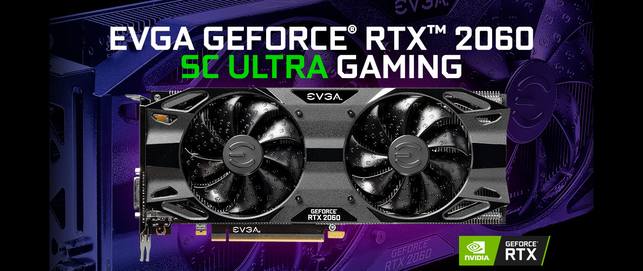 EVGA GEFORCE RTX 2060 SC ULTRA GAMING 06G-P4-2067-KR main banner showing the graphics card looking forward and the GeForce RTX badge below it