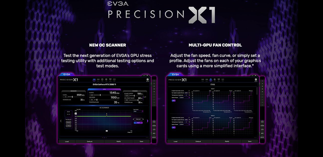 EVGA Preicions X1 logo above two software windows, the left is the NEW OC SCANNER with text that reads: Test the next generation of EVGA's GPU stress testing utility with additional testing options and test modes. The 2nd software window is the MULTI-GPU FAN CONTROL with text that reads: Adjust the fan speed, fan curve, or simply set a profile. Adjust the fans on each of your graphics cards using a more simplified interface.