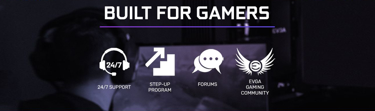 BUILT FOR GAMERS text along with text and icons for 24/7 support, step-up program, forums and EVGA GAMING COMMUNITY