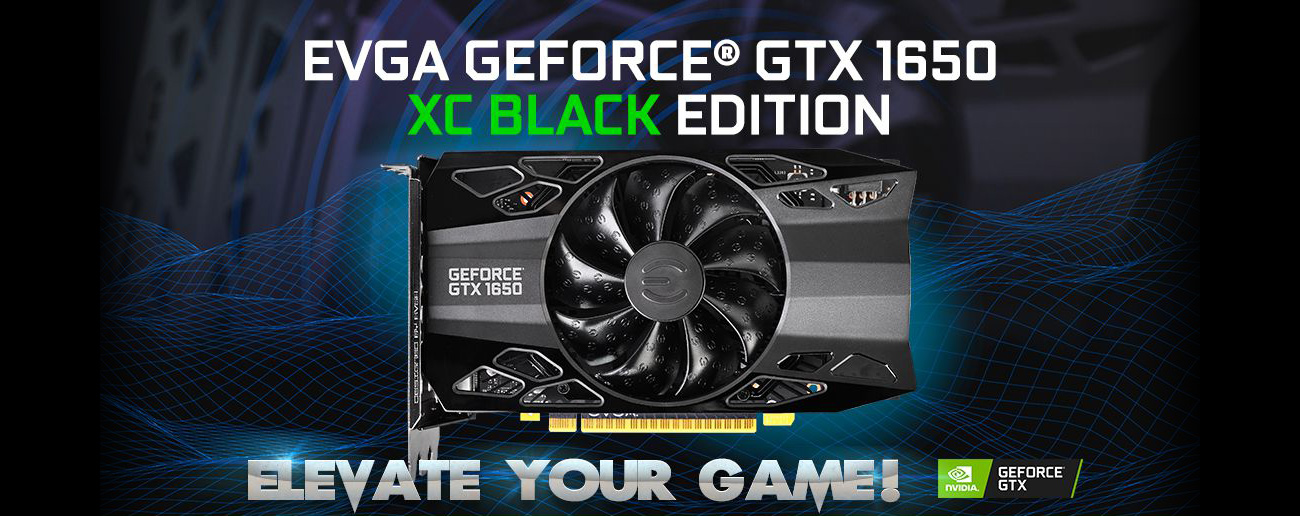 EVGA GEFORCE GTX 1650 XC BLACK EDITION 04G-P4-1151-KR graphics card facing forward with the GeForce GTX badge and stylized text that reads: ELEVATE YOUR GAME!