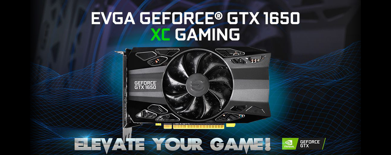EVGA GEFORCE GTX 1650 XC BLACK EDITION 11G-P4-2382-KR graphics card facing forward with the GeForce GTX badge and stylized text that reads: ELEVATE YOUR GAME!