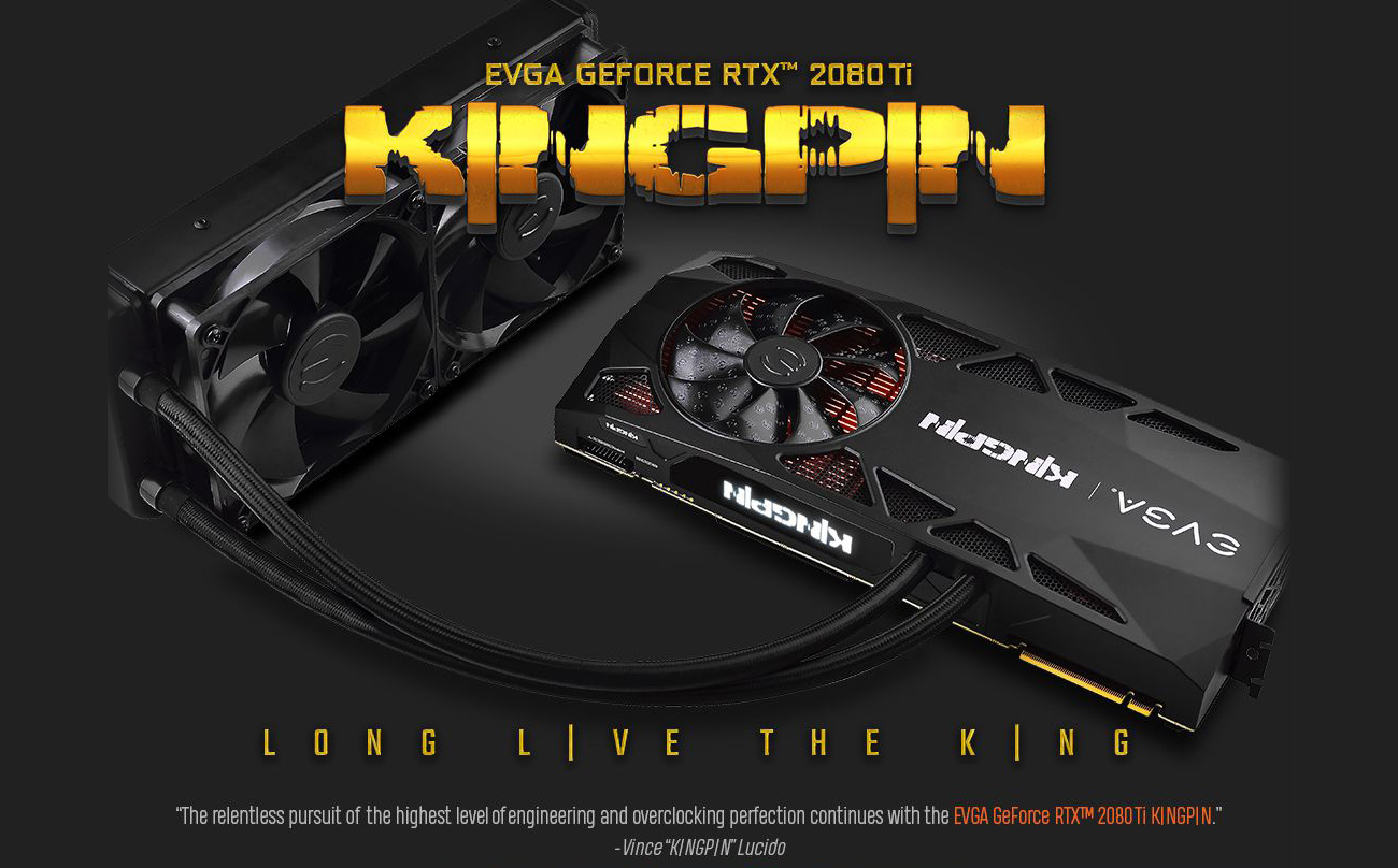 EVGA GEFORCE RTX 2080 TI 1G-P4-2589-KR KINGPIN Graphics Card with text that reads: LONG LIVE THE KING - The relentless pursuit of the highest level of engineering and overclocking perfection continues with the EVGA GeForce RTX 2080 Ti KINGPIN. - Vince KINGPIN Lucido