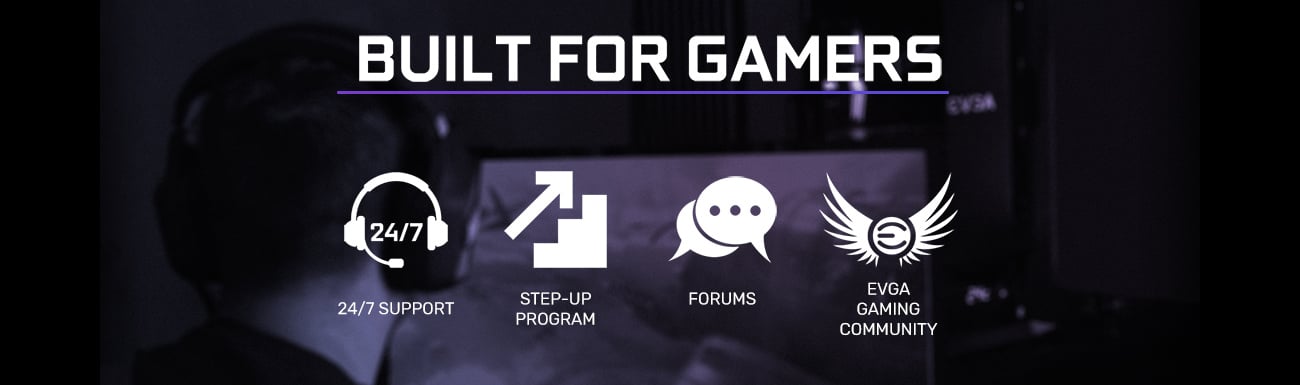 BUILT FOR GAMERS banner with text and icons indicating: 24/7 chat support, step-up program, forums and EVGA gaming community