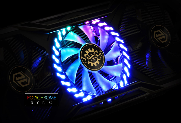 The center fan has ARGB LEDs lighted up in the dark. And a Polychrome Sync icon is listed in the left bottom corner.