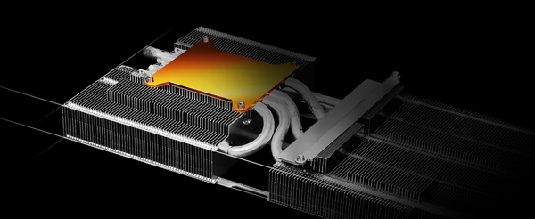 Shows heatsink with heatpipes passing through aluminum fins and copper base plate at the bottom.