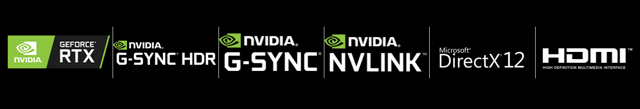 Badges for NVIDIA GeForce RTX, NVIDIA G-SYNC HDR, NVIDIA G-SYNC, NVIDIA NVLINK, Microsoft DirectX 12 and HDMI