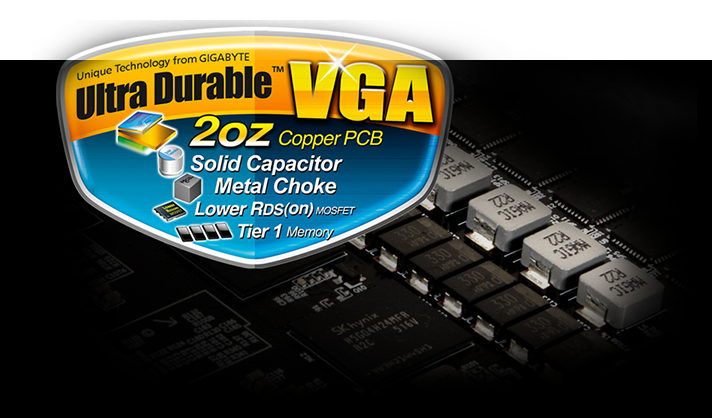 GV-N208TWF3OC-11GC Graphics Card's Ultra Durable VGA 2oz Copper PCB, Solid Capacitor, Metal Choke, Lower RDS(on) MOSFET and Tier 1 Memory