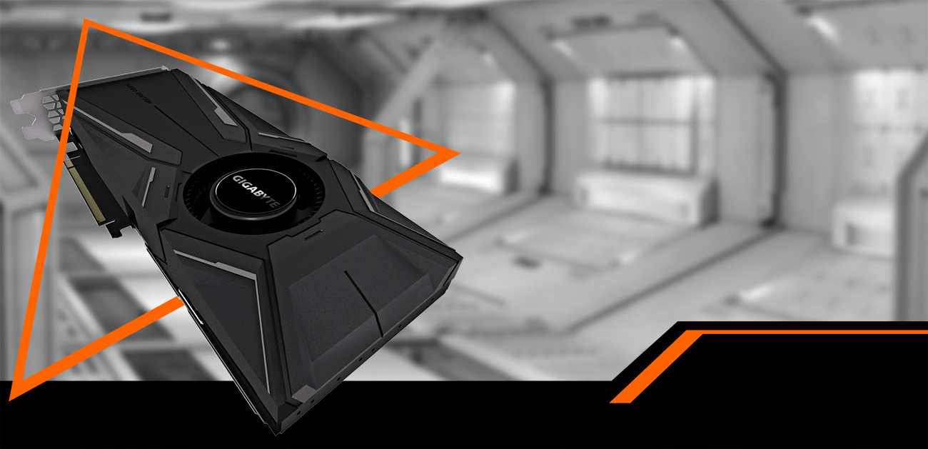 GIGABYTE GeForce RTX 2080 Graphics Card Flying Through an Orange Triangle Graphic