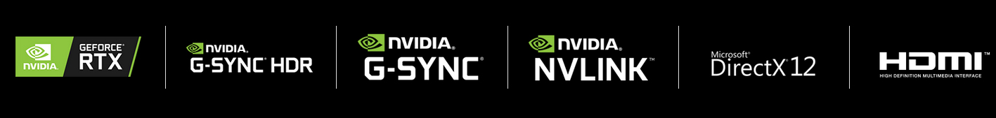Logos for NVIDIA GeForce RTX, NVIDIA G-Sync HDR, NVIDIA G-Sync, NVIDIA NVLINK, Microsoft DirectX 12 and HDMI