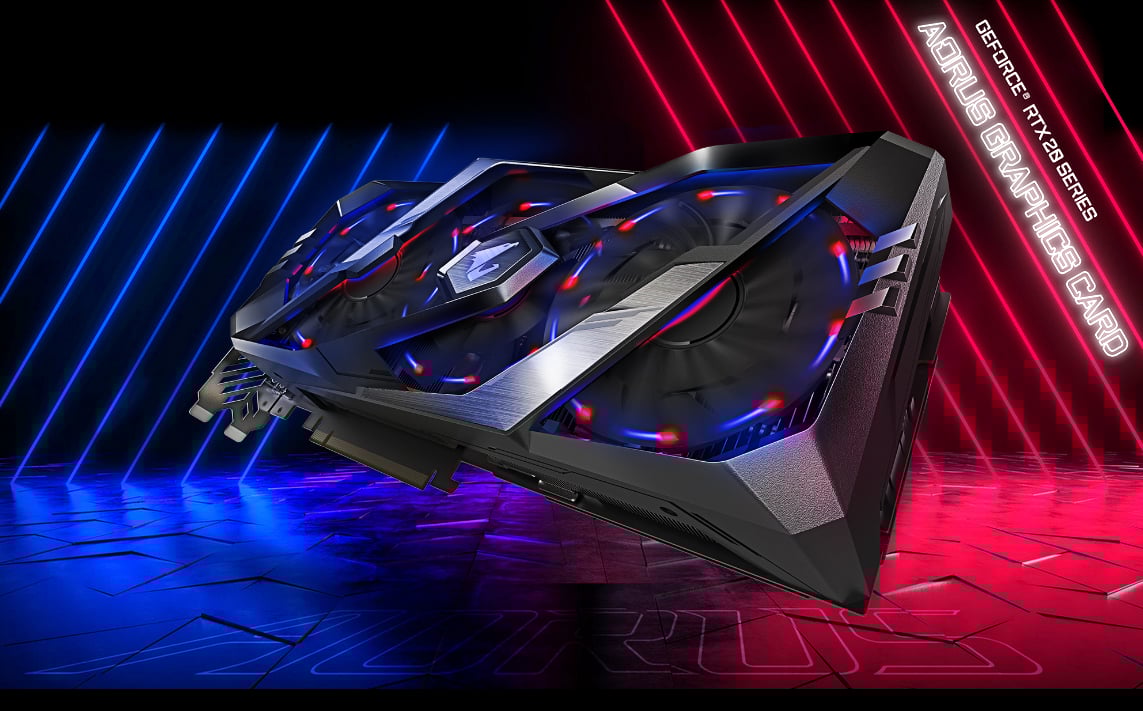 GIGABYTE AORUS Graphics Card Angled Up to the Left Next to Blue and Red Neon Graphics with Text That Reads: GEFORCE RTX 20 SERIES AORUS GRAPHICS CARD