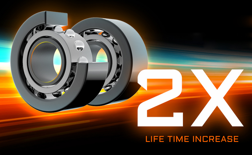GIGABYTE AORUS Double Ball Bearing Next to Text That Reads: 2X LIFE TIME INCREASE