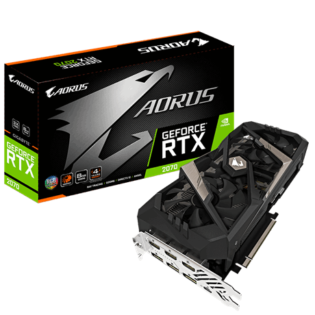 GIGABYTE AORUS GeForce RTX 2070 8G Graphics Card Next to Its Product Box