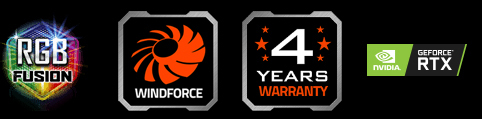 Badges for RGB Fusion, Windforce, 4 Year Warranty and GeForce RTX