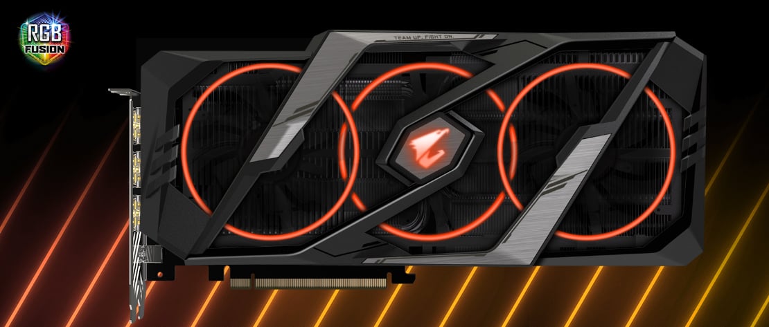 GIGABYTE AORUS Graphics Card Facing Forward Next to the RGB Fusion Logo