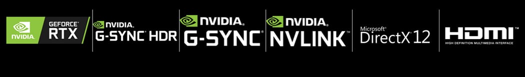 Badges for: NVIDIA GeForce RTX, NVIDIA G-SYNC HDR, NVIDIA G-SYNC, NVIDIA NVLINK, Microsoft DirectX 12 and HDMI