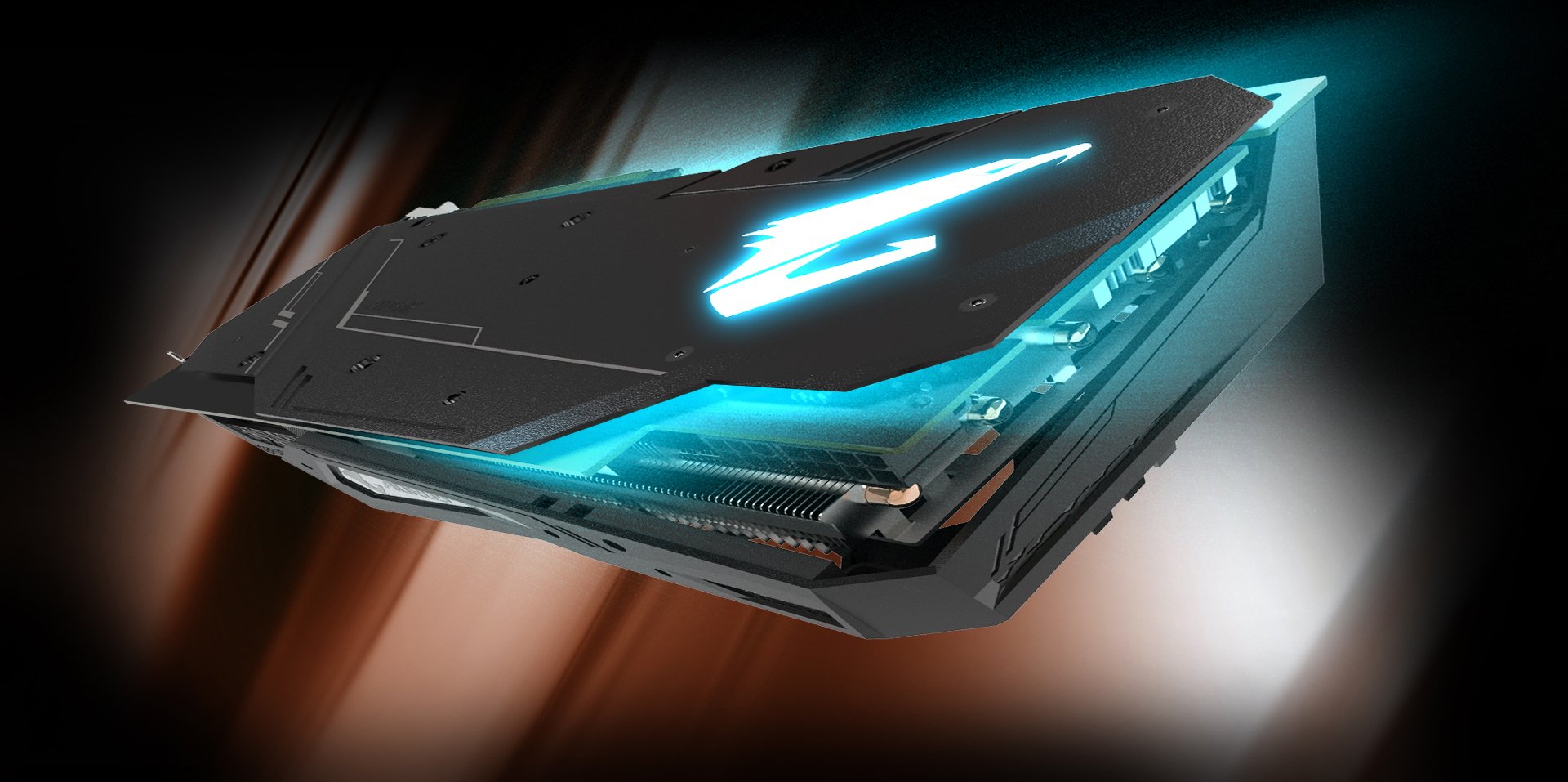 GIGABYTE AORUS Graphics Card Angled Up to the Left, Glowing