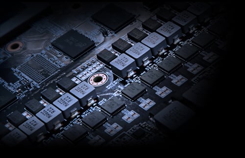 Closeup of the GIGABYTE graphics card's capacitors