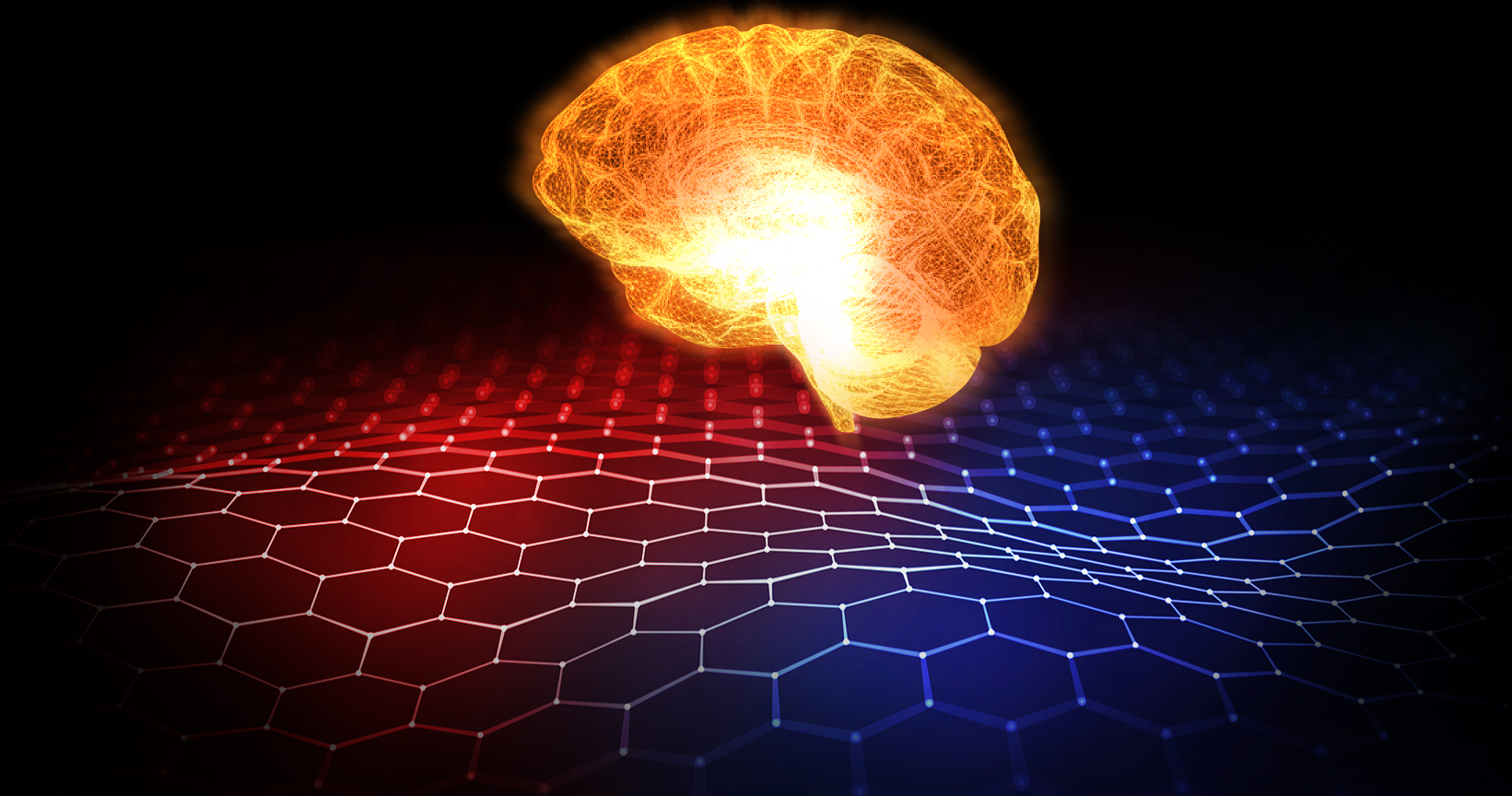 A glowing brain over a red and blue hexagonal grid