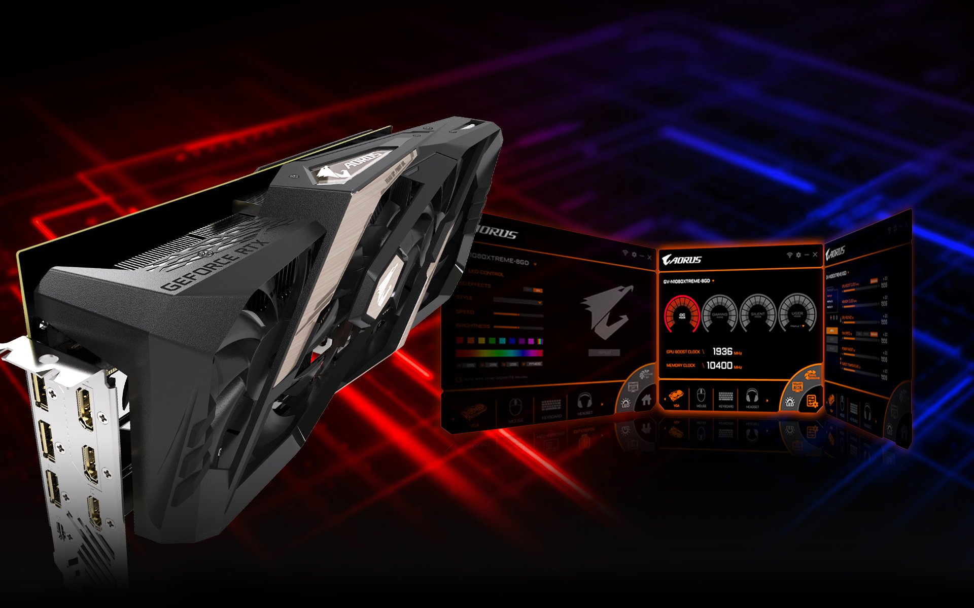 GIGABYTE AORUS Graphics Card Angled Down to the Right Next to AORUS Software Windows