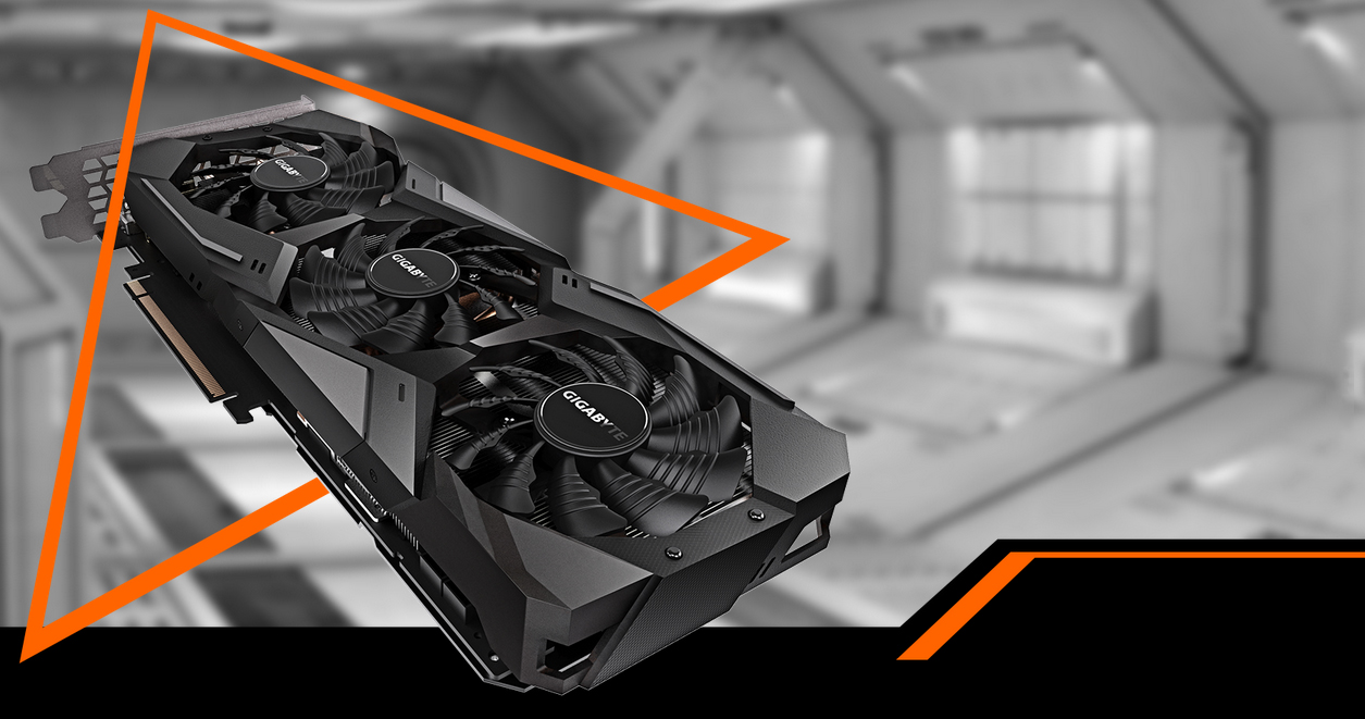 The GIGABYTE GeForce RTX 2070 graphics card facing up coming down to the right through an orange triangle. The background is a black-and-white space hangar