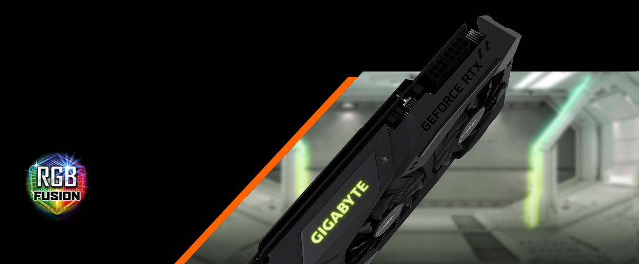 The GIGABYTE GeForce RTX 2070 WINDFORCE graphics card facing down, angled up to the right