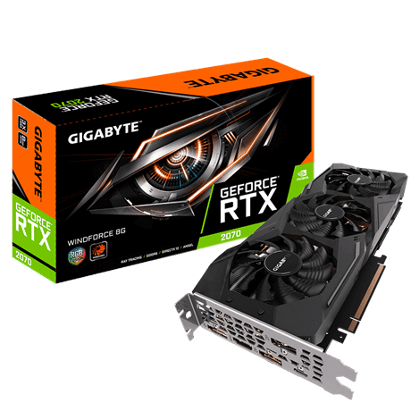 GIGABYTE GeForce RTX 2070 graphics card facing up, angled to the right next to its product box