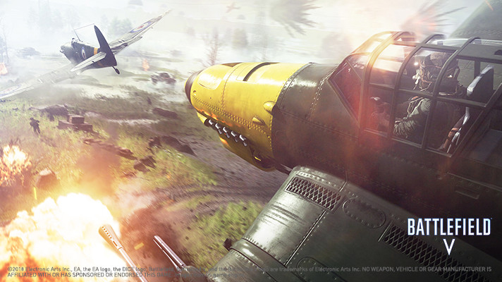  game scene from Battlefield V, with two planes dogfighting in the sky  