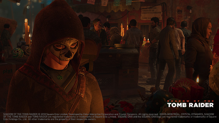 Shadow of the Tomb Raider screenshot showing Lara Croft in disguise in a city square at night