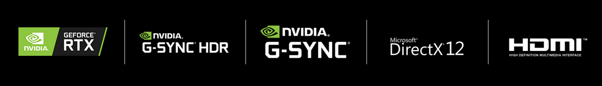 Logos for NVIDIA GeForce RTX, NVIDIA G-SYNC HDR, NVIDIA G-SYNC, Microsoft DirectX 12 and HDMI