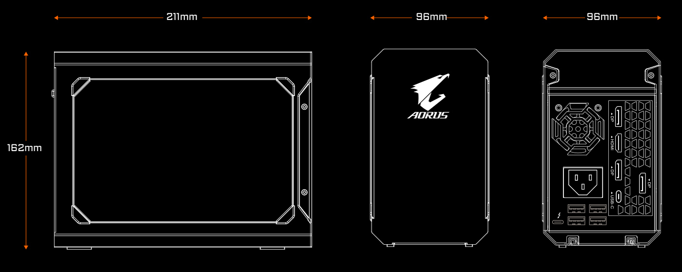 Dimensions of the GV-N2070IXEB-8GC external graphics card