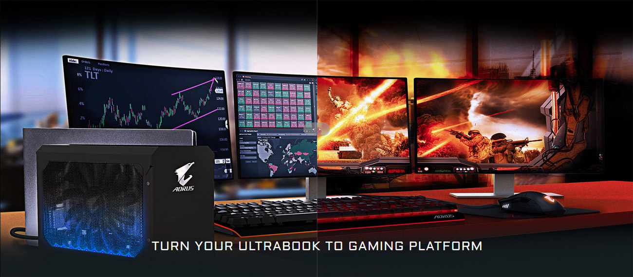 A three-monitor setup with keyboard and mouse as well as the AORUS external graphics card connected to a closed laptop. There is text that reads: Turn your ultrabook into a gaming platform