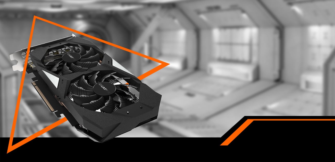 The GeForce RTX 1660 Ti Gaming OC 6G graphics card flying through an orange triangle with a black-and-white spaceship hangar background