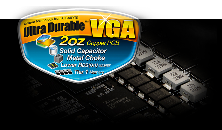Ultra Durable VGA 2oz Copper PCB, Solid Capacitor, Metal Choke, Lower RDS(on) and Tier 1 Memory over a graphics card board